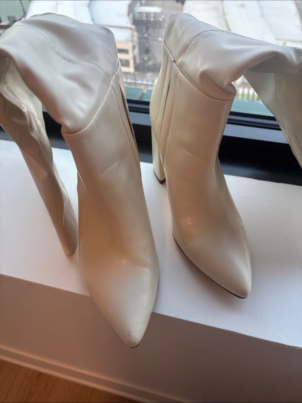 Lulu's Cream Pointed-Toe Knee-High Heeled Boots